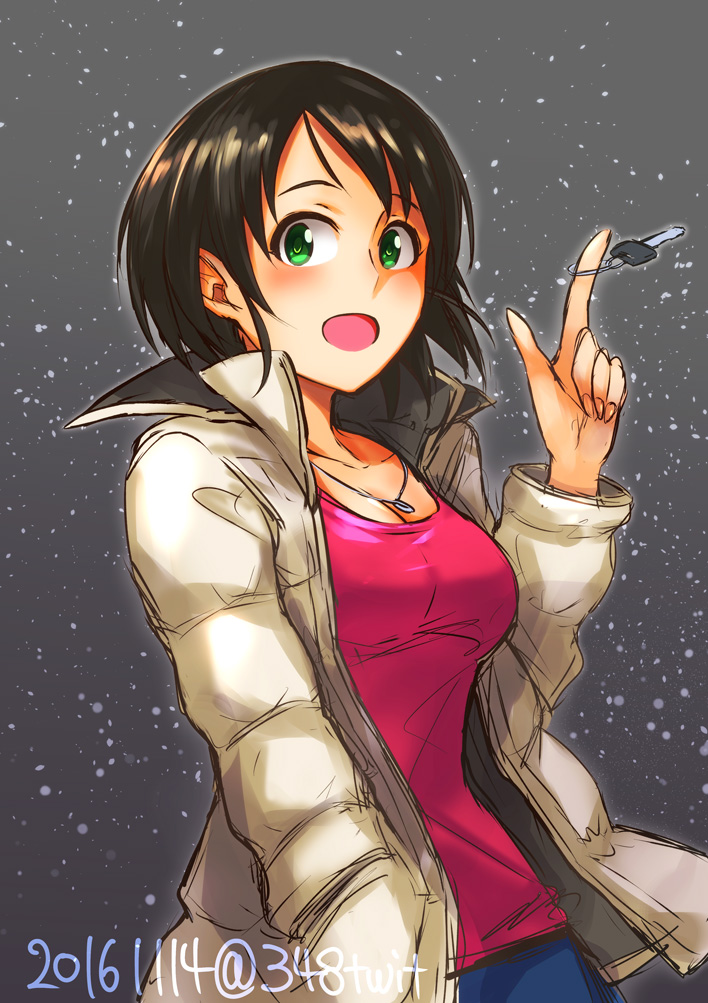 2016 black_hair breasts cleavage collarbone commentary_request dated eyebrows green_eyes hand_in_pocket hand_up happy_birthday harada_miyo idolmaster idolmaster_cinderella_girls jacket jewelry kaoru348 key long_sleeves looking_at_viewer medium_breasts necklace open_mouth shiny shiny_hair short_hair solo