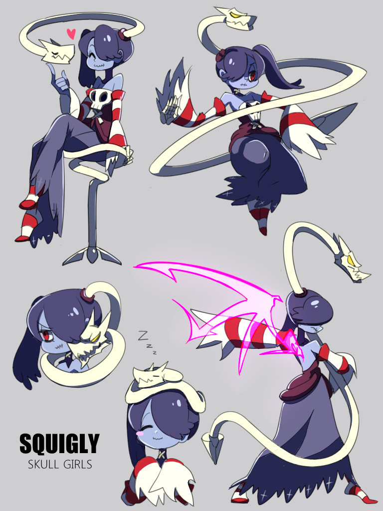 1girl bare_shoulders blue_skin detached_collar detached_sleeves dress female hair_over_one_eye leviathan_(skullgirls) monster_girl red_eyes side_ponytail skullgirls sleeping squigly_(skullgirls) stitched_mouth stitches striped_legwear striped_sleeves wing yellow_eyes zombie