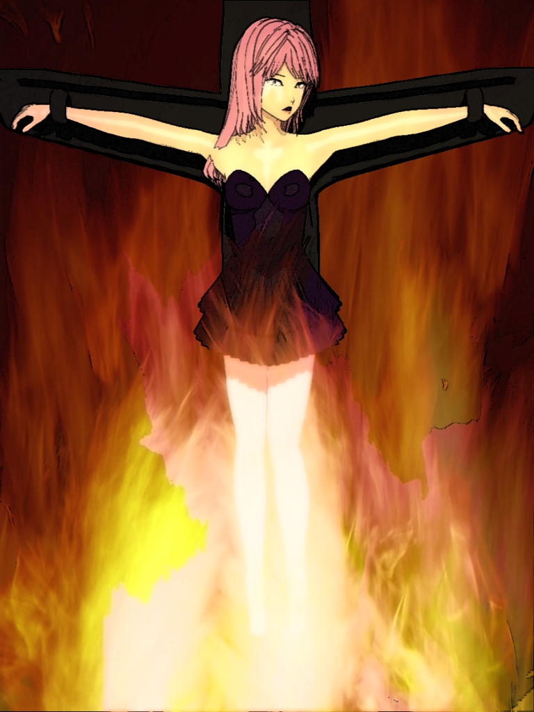 1girl bad_end bare_shoulders bondage burn burning burning_at_the_stake cross crucifixion cruel death dress execution eyes_closed fire guro helpless hot human_sacrifice luka megurine_luka pain ritual ryona tears torture witch witchhunt