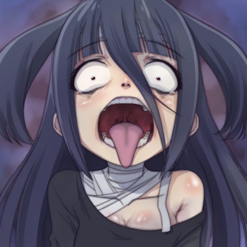 bandage black_hair blush breasts cleavage dilated_pupils eyebrows_visible_through_hair large_breasts long_hair looking_at_viewer off_shoulder open_mouth red_eyes solo t_jiroo_(ringofriend) teeth tongue tongue_out upper_body uvula yamada_tae zombie zombie_land_saga