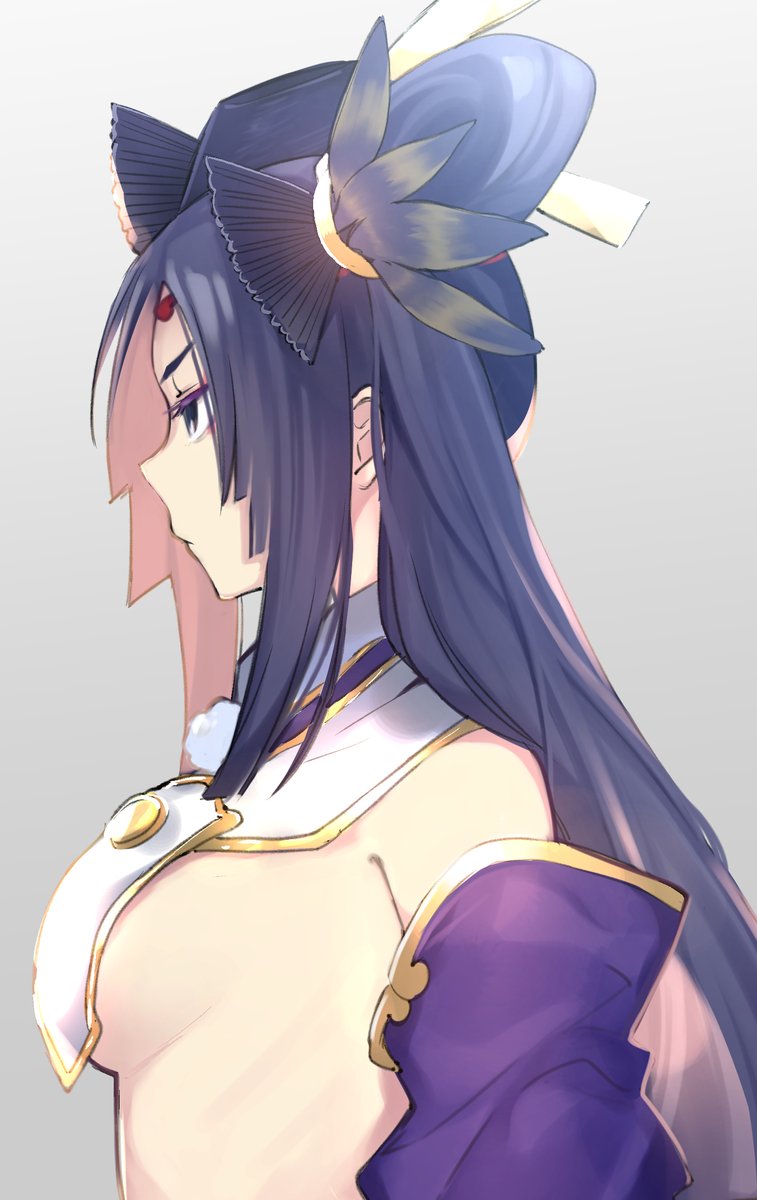 1girl bad_id bad_twitter_id black_eyes black_hair breasts closed_mouth detached_sleeves facial_mark fate/grand_order fate_(series) forehead_mark from_side frown grey_background hair_ornament hairpin highres long_hair medium_breasts nude profile sideboob simple_background solo ushiwakamaru_(fate/grand_order) vanilla_(miotanntann)