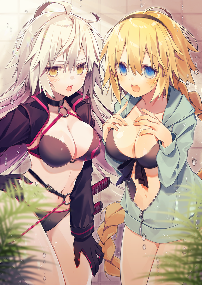 :d :o ahoge bangs belt bikini black_bikini black_gloves blonde_hair blue_eyes blue_jacket blurry_foreground blush braid breasts cleavage collarbone commentary_request cowboy_shot eyebrows_visible_through_hair fate/grand_order fate_(series) front-tie_bikini front-tie_top gloves hair_between_eyes hairband halterneck hands_on_own_chest hands_up indoors jacket jeanne_d'arc_(alter_swimsuit_berserker) jeanne_d'arc_(fate)_(all) jeanne_d'arc_(swimsuit_archer) jeanne_d'arc_(alter)_(fate) jeanne_d'arc_(alter_swimsuit_berserker) jeanne_d'arc_(fate) jeanne_d'arc_(fate)_(all) jeanne_d'arc_(swimsuit_archer) large_breasts long_hair long_sleeves looking_at_viewer multiple_girls navel open_clothes open_jacket open_mouth oshio_(dayo) partially_unzipped plant shrug_(clothing) sidelocks silver_hair single_braid smile standing swimsuit upper_teeth very_long_hair water_drop yellow_eyes
