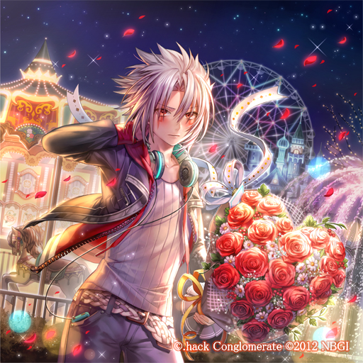 .hack//g.u. 1boy belt blush bouquet carnival carousel contemporary cowboy_shot ferris_wheel flower guilty_dragon haseo_(.hack//) jacket male_focus pants petals red_eyes red_flower red_rose rose shirt solo spiked_hair ueooo white_hair white_shirt
