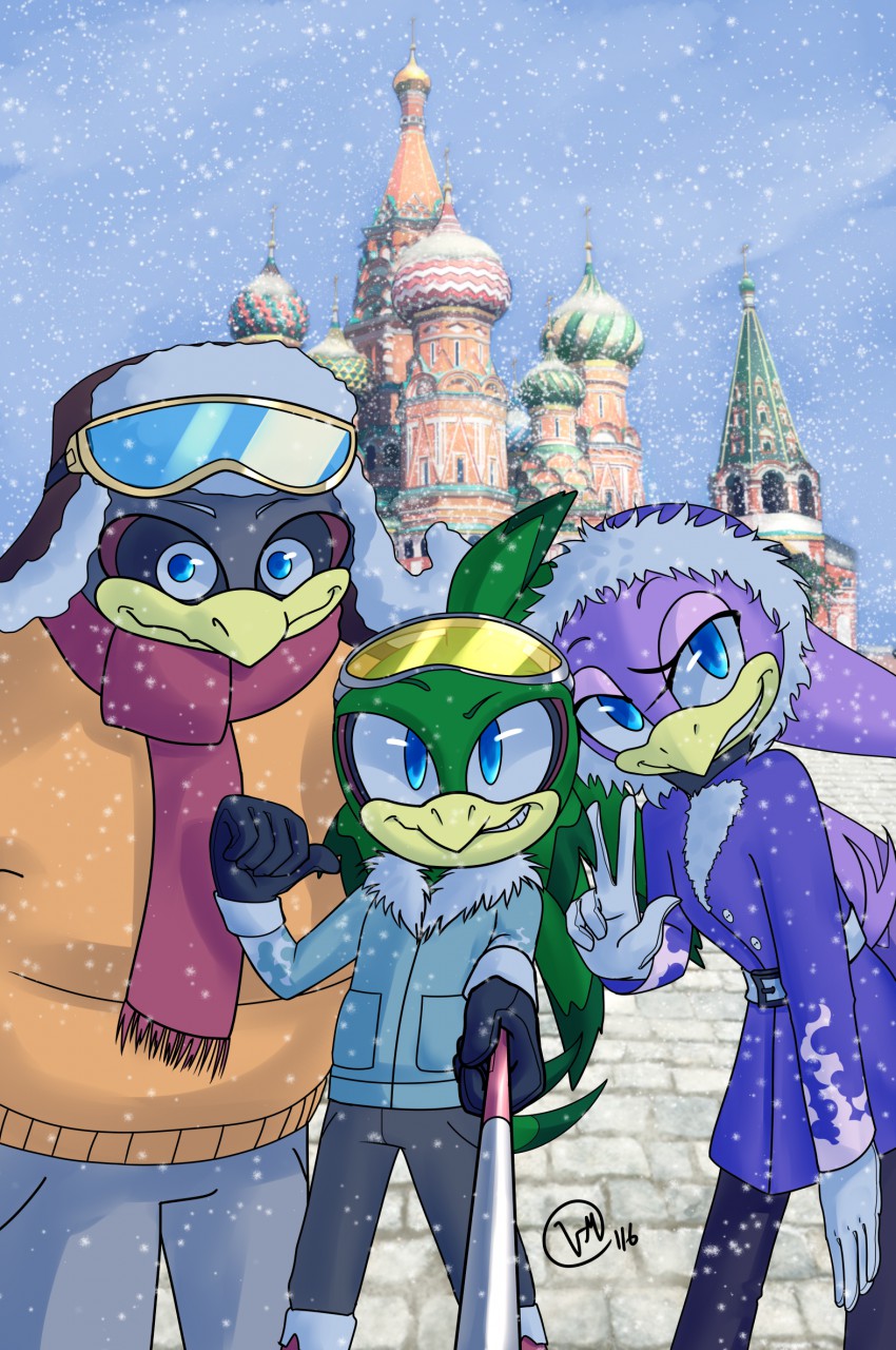anthro avian bird clothing coat detailed_background eyewear gloves goggles hawk jacket jet_the_hawk pants scarf snow sonic_(series) sonic_riders storm_the_albatross swallowing v-mordecai wave_the_swallow