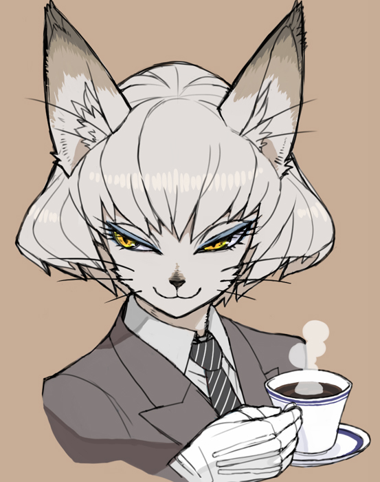 2012 :3 anthro beverage business_suit cat clothing coffee cup eyelashes eyeshadow feline gloves hair inner_ear_fluff kemonon looking_away makeup mammal monochrome necktie portrait restricted_palette sepia short_hair simple_background solo steam suit whiskers yellow_eyes