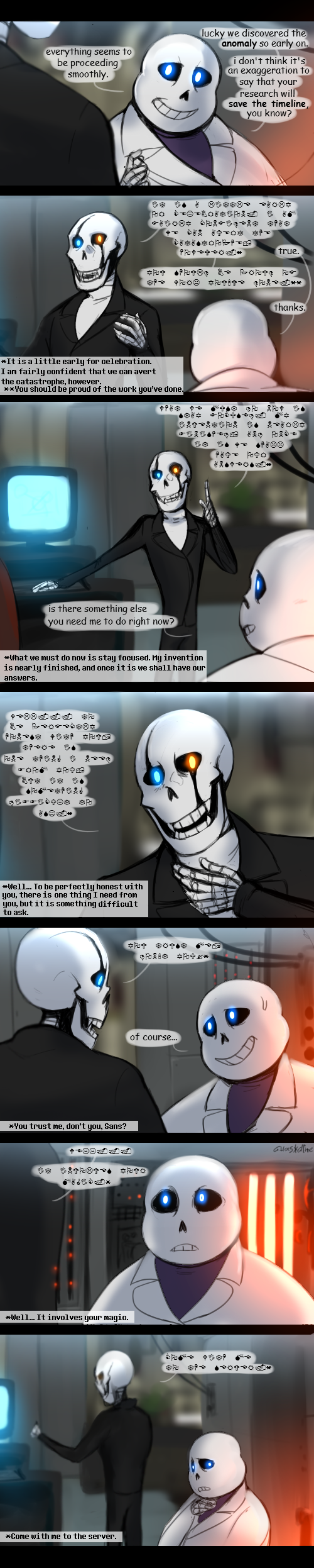 ! ... 2016 ? absurd_res animated_skeleton anthro atlas-white blue_eyes bone clothed clothing comic computer dialogue digital_media_(artwork) duo duo_focus english_text eyes_closed flashback gaster glowing glowing_eyes group hi_res inside lab_coat male monster nervous open_mouth sans_(undertale) signature skeleton smile speech_bubble teeth text undead undertale video_games