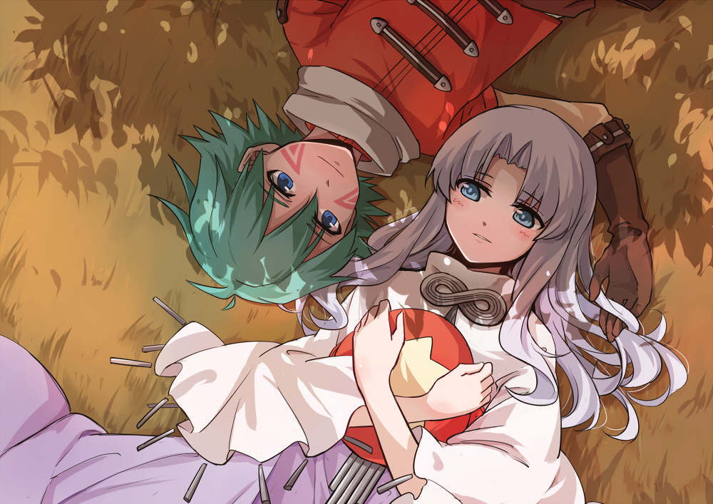 .hack//games 1boy 1girl aura_(.hack//) bangs blue_eyes brooch brown_gloves dress facial_mark gloves grass green_hair hat hat_removed headwear_removed infinity jewelry kite_(.hack//) long_hair lying on_back parted_bangs purple_dress shawl sindre smile tattoo white_hair