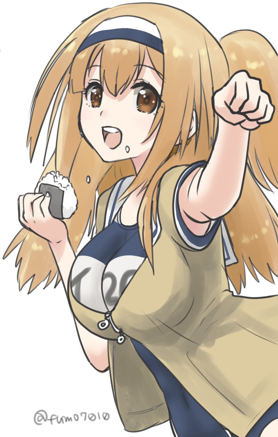 armpit_peek breasts clenched_hand food food_on_face hairband highres i-26_(kantai_collection) kantai_collection kujira_naoto large_breasts light_brown_eyes light_brown_hair long_hair new_school_swimsuit old_school_swimsuit one-piece_swimsuit onigiri rice rice_on_face sailor_collar school_swimsuit short_sleeves solo swimsuit two-tone_hairband two_side_up wrist_flexed