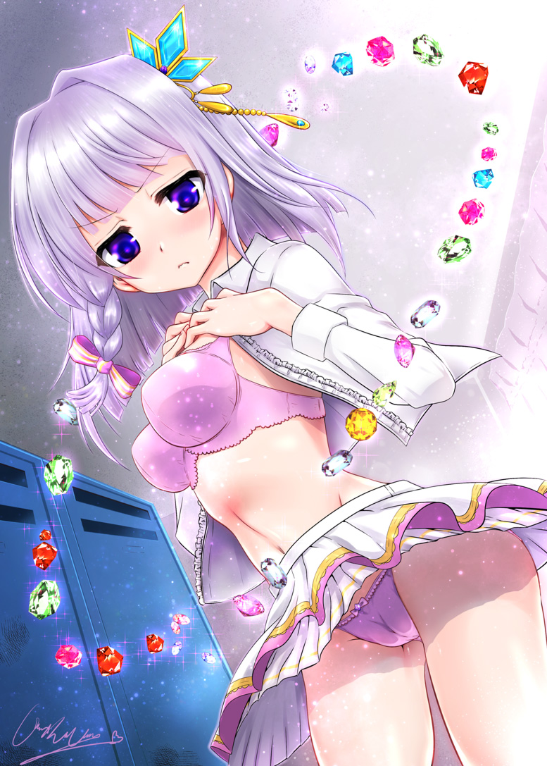 1girl artist_name ass_visible_through_thighs blush bow bow_panties bra braid breasts cameltoe closed_mouth commentary_request cowboy_shot dress_shirt dressing dutch_angle eyebrows_visible_through_hair frown gem glaring hair_bow hair_ornament hands_on_own_chest indoors junji_(jyuxjyux) lavender_hair layered_skirt light_particles locker locker_room long_sleeves looking_at_viewer medium_breasts microskirt navel open_clothes open_shirt panties pleated_skirt purple_bow purple_bra purple_eyes purple_panties shironeko_project shirt side_braid signature skirt solo thighhighs tina_(shironeko_project) underwear v-shaped_eyebrows white_skirt