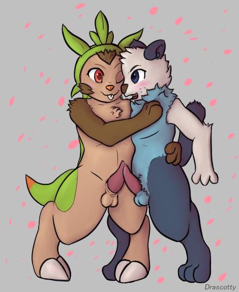 2016 anthro balls blush chespin drascotty duo erection frottage fur male male/male nintendo nude oshawott penis pok&eacute;mon sex simple_background smile standing video_games