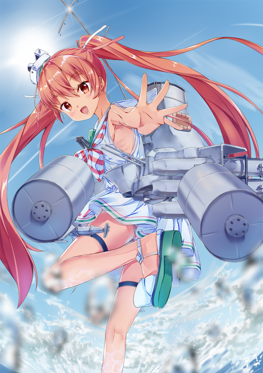 1girl :d akazateri bad_anatomy blue_sky blush brown_eyes brown_hair day depth_charge dress fang flat_chest hair_ornament hair_ribbon hat highres kantai_collection libeccio_(kantai_collection) long_hair looking_at_viewer looking_back open_mouth outdoors panties ribbon rigging sailor_dress sandals skinny skirt sky sleeveless smile solo standing standing_on_one_leg striped striped_neckwear striped_panties sun thigh_strap twintails underwear water white_skirt
