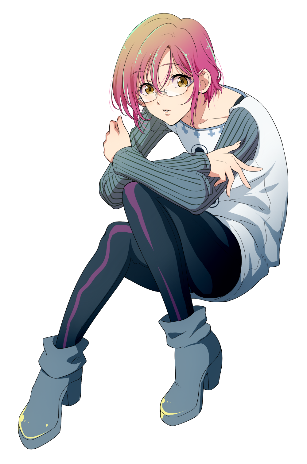 androgynous brown_eyes crossed_arms eyebrows eyebrows_visible_through_hair full_body glasses gowther high_heels highres looking_at_viewer male_focus nanatsu_no_taizai natsuko_(bluecandy) otoko_no_ko parted_lips pink_hair ribbed_sweater simple_background sitting solo sweater white_background