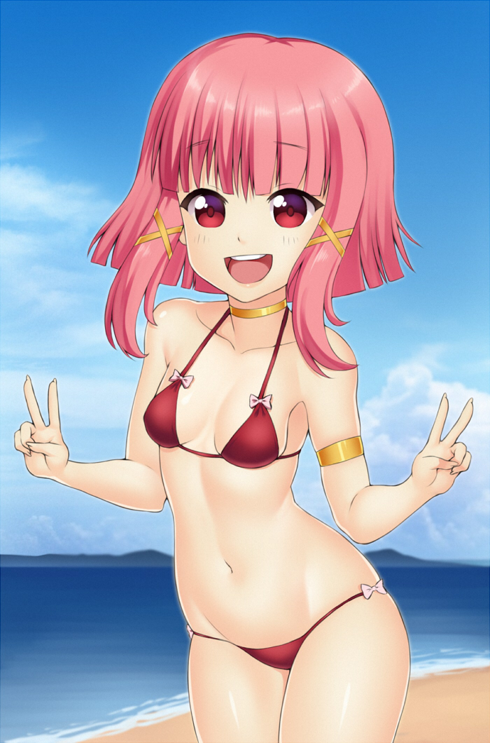 bare_shoulders beach belly bikini breasts choker cloud day hair_ornament jewelry md5_mismatch necklace ocean open_mouth pink_hair red_eyes ribbon short_hair sky small_breasts solo summer swimsuit v zeshgolden