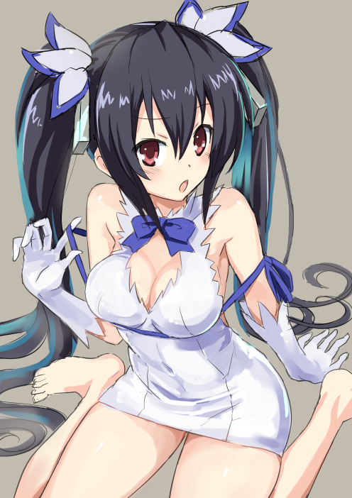 1girl arm_support bangs bare_shoulders barefoot black_hair blush bow bowtie breasts choujigen_game_neptune cleavage cleavage_cutout cosplay covered_navel dress feet female gloves grey_background hair_between_eyes hair_ornament hestia_(danmachi)_(cosplay) large_breasts long_hair looking_at_viewer neptune_(series) no_bra noire open_mouth red_eyes rei_no_himo ribbon shiitake_urimo short_dress simple_background sitting solo strap_pull tied_hair twintails very_long_hair wariza white_dress white_gloves