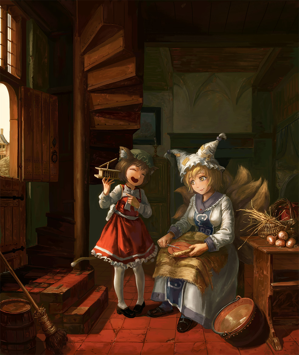 2girls ^_^ amibazh animal_ears bangs basket blonde_hair bow bowtie brown_hair cat_ears cat_tail chen closed_eyes closed_mouth day door dress eyes_closed fine_art_parody food fox_ears fox_tail frilled_skirt frills full_body hands_up hat head_tilt height_difference holding holding_food indoors long_sleeves looking_at_another medium_skirt multiple_girls multiple_tails nekomata onion open_mouth pantyhose parody pillow_hat pointing red_skirt red_vest shoes short_hair sitting skirt skirt_set smile stairs standing tabard table tail touhou vegetable vest white_dress wide_sleeves yakumo_ran yellow_eyes