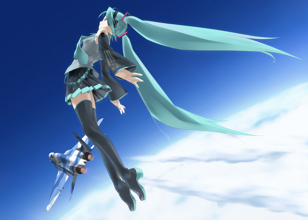 aircraft airplane aqua_hair fighter_jet flying hatsune_miku jet long_hair mig-29 military military_vehicle pun rokuwata_tomoe sky solo thighhighs twintails very_long_hair vocaloid zettai_ryouiki