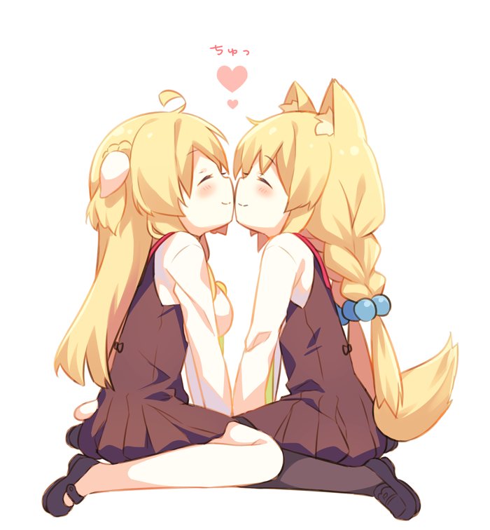 ahoge animal_ears between_legs black_legwear blonde_hair blush braid breasts closed_eyes closed_mouth dress face-to-face fox_ears fox_tail from_side full_body garuta_(yamcha) hair_bobbles hair_ornament hand_between_legs heart loafers long_hair mary_janes medium_breasts multiple_girls original pantyhose school_uniform shoes sitting symmetrical_pose tail twin_braids two_side_up v_arms wariza white_background white_legwear wowco_(yamcha) yamcha_(cocololi)