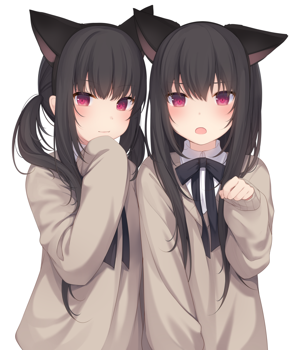 2girls :o amashiro_natsuki animal_ears bangs black_hair black_neckwear blush brown_sweater cat_ears closed_mouth collared_shirt commentary_request extra_ears eyebrows_visible_through_hair hand_up light_smile long_hair long_sleeves looking_at_viewer multiple_girls neck_ribbon open_mouth original paw_pose red_eyes ribbon school_uniform shirt siblings side-by-side sidelocks simple_background sleeves_past_wrists sweater twins twintails upper_body white_background white_shirt
