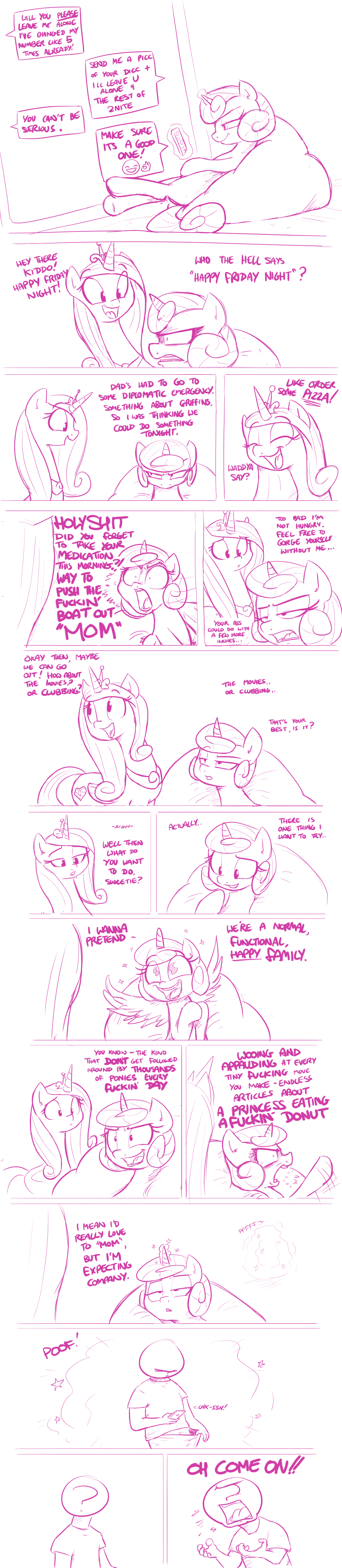2016 absurd_res aged_up angry angst annoyed anon cellphone comic cursing dialogue duo equine feathered_wings feathers female flail flurry_heart_(mlp) friendship_is_magic frown glare half-closed_eyes hi_res horn interspecies lying magic male mammal melee_weapon monochrome my_little_pony on_back open_mouth phone princess_cadance_(mlp) pubes sexting shoutingisfun sigh teenager teleportation text tongue unexpected weapon wide_eyed winged_unicorn wings young