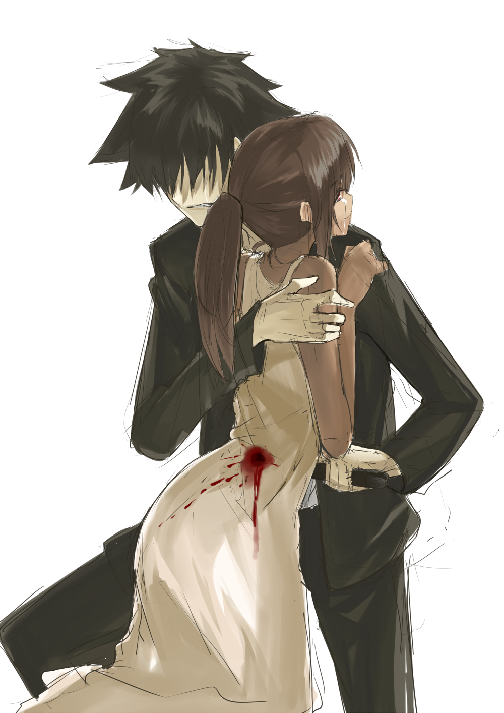 1girl black_hair blood bloody_clothes brown_hair crying crying_with_eyes_open dress emiya_kiritsugu fate/zero fate_(series) highres holding holding_knife hug kauto knife long_hair ponytail shirley_(fate/zero) short_hair simple_background sketch spiked_hair stabbing tears white_background white_dress