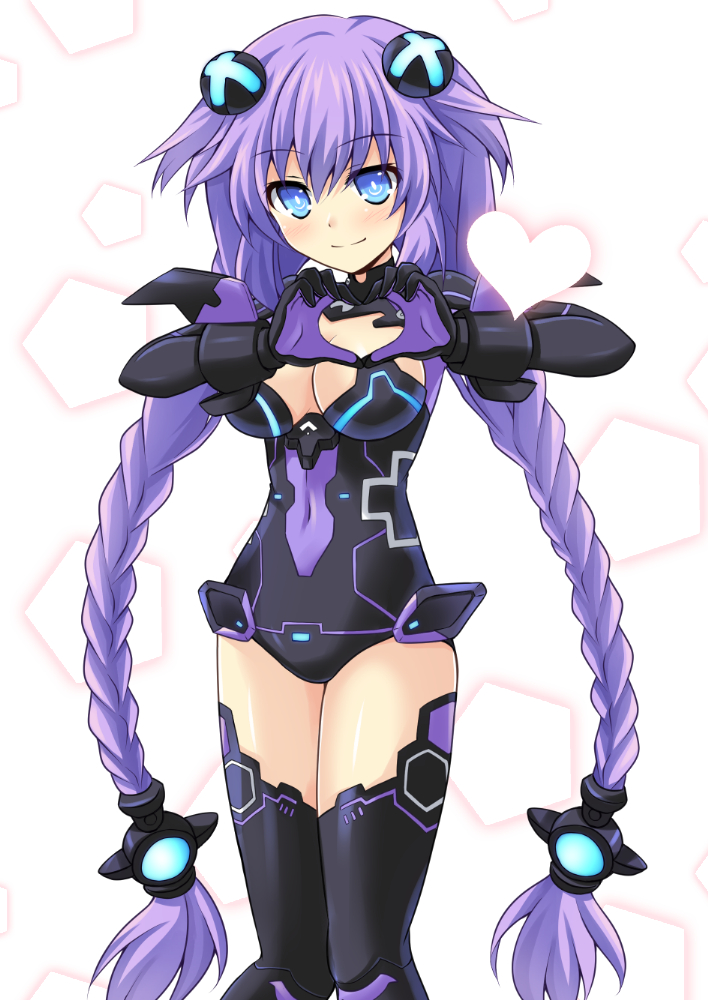 blue_eyes braid breasts cleavage cleavage_cutout cross_(crossryou) heart heart_hands leotard long_hair looking_at_viewer md5_mismatch medium_breasts neptune_(series) purple_hair purple_heart solo standing thighhighs twin_braids