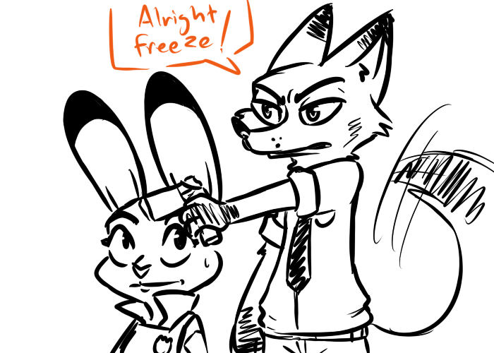 2016 anthro canine clothed clothing dialogue disney doing_it_wrong duo english_text female fox gun handgun holding_object holding_weapon holster humor inkyfrog judy_hopps lagomorph male mammal nick_wilde pistol police_uniform rabbit ranged_weapon restricted_palette simple_background standing text uniform weapon white_background zootopia