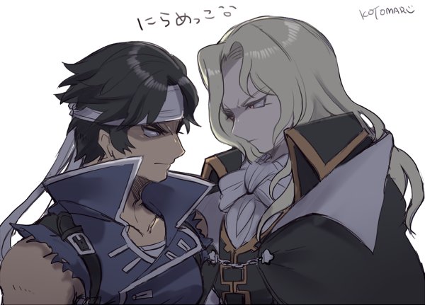 2boys angry belt blonde_hair blue_eyes brown_hair cape castlevania castlevania:_rondo_of_blood castlevania:_symphony_of_the_night gloves headband kotorai long_hair male_focus multiple_boys nintendo richter_belmondo short_hair simon_belmondo simple_background super_smash_bros. super_smash_bros._ultimate