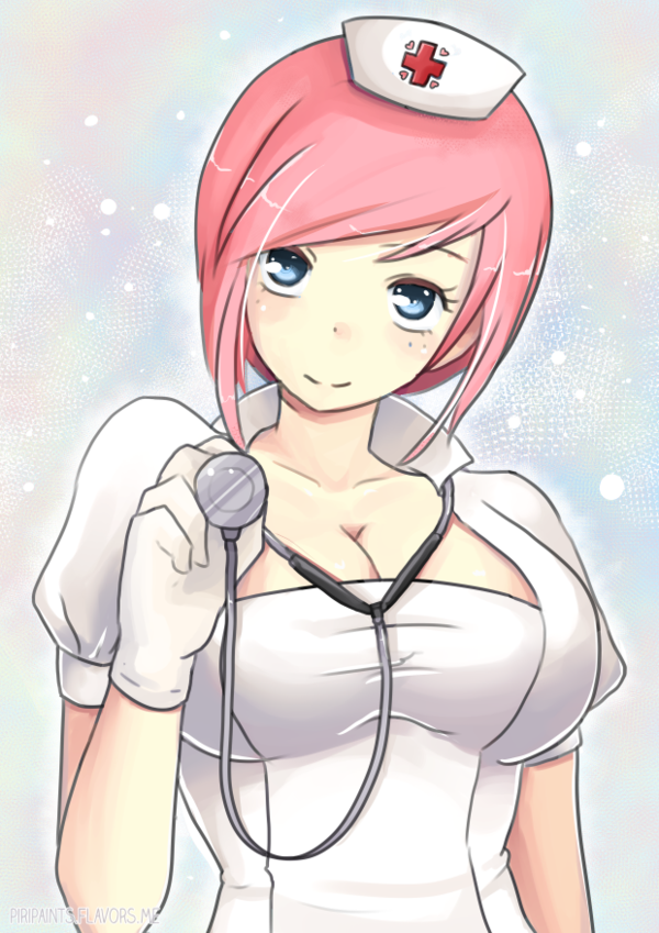 blue_eyes blush breasts cleavage large_breasts looking_at_viewer nurse nurse_outfit pink_hair