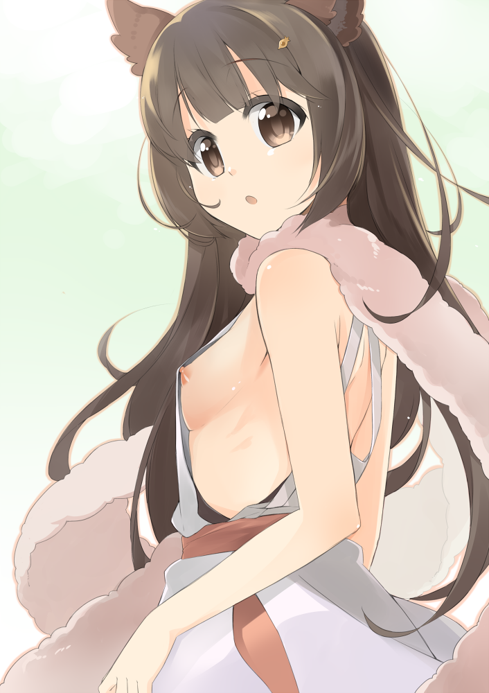 :o animal_ears arms_at_sides aster_(granblue_fantasy) bangs bare_arms bare_shoulders blunt_bangs blush breasts brown_eyes brown_hair cat_ears dress erune eyebrows eyebrows_visible_through_hair from_side gradient gradient_background granblue_fantasy hair_ornament hairclip looking_to_the_side nipple_slip nipples no_bra open_mouth pink_scarf sasakura scarf sleeveless sleeveless_dress small_breasts solo tareme white_dress