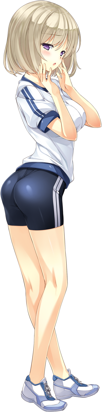:o ashishun ass bike_shorts blonde_hair blush full_body hands_on_own_face highres kanna_kana long_image non-web_source official_art primal_hearts purple_eyes shoes short_hair short_sleeves sneakers solo tall_image transparent_background