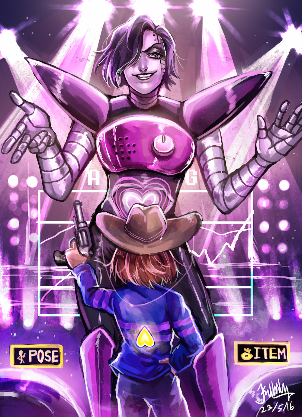 androgynous android back black_hair blue_sweater brown_hair brown_hat cowboy_hat dated fabulous finger_on_trigger frisk_(undertale) glowing grin gun hair_over_one_eye hand_on_hip handgun hat heart highres holding holding_gun holding_weapon k_ptn left-handed long_sleeves looking_at_another mettaton mettaton_ex one_eye_covered pose short_hair signature smile stage stage_lights striped striped_sweater sweater undertale w_arms weapon
