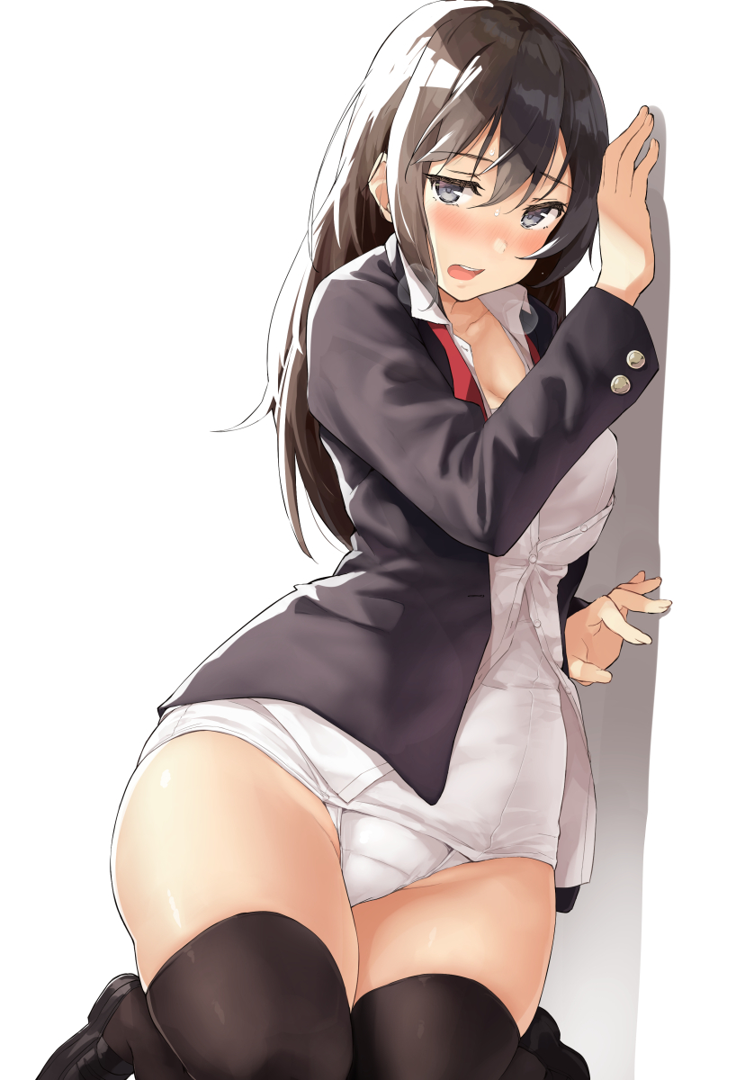 1girl against_glass bangs black_footwear black_hair black_jacket black_legwear blush breasts buttons collared_shirt eyebrows_visible_through_hair grey_eyes hair_between_eyes highres hips jacket kekemotsu kneeling loafers long_hair looking_at_viewer medium_breasts one-piece_swimsuit open_clothes open_jacket open_mouth original red_neckwear school_swimsuit shirt shoes simple_background solo swimsuit swimsuit_under_clothes thighhighs thighs white_background white_shirt white_swimsuit