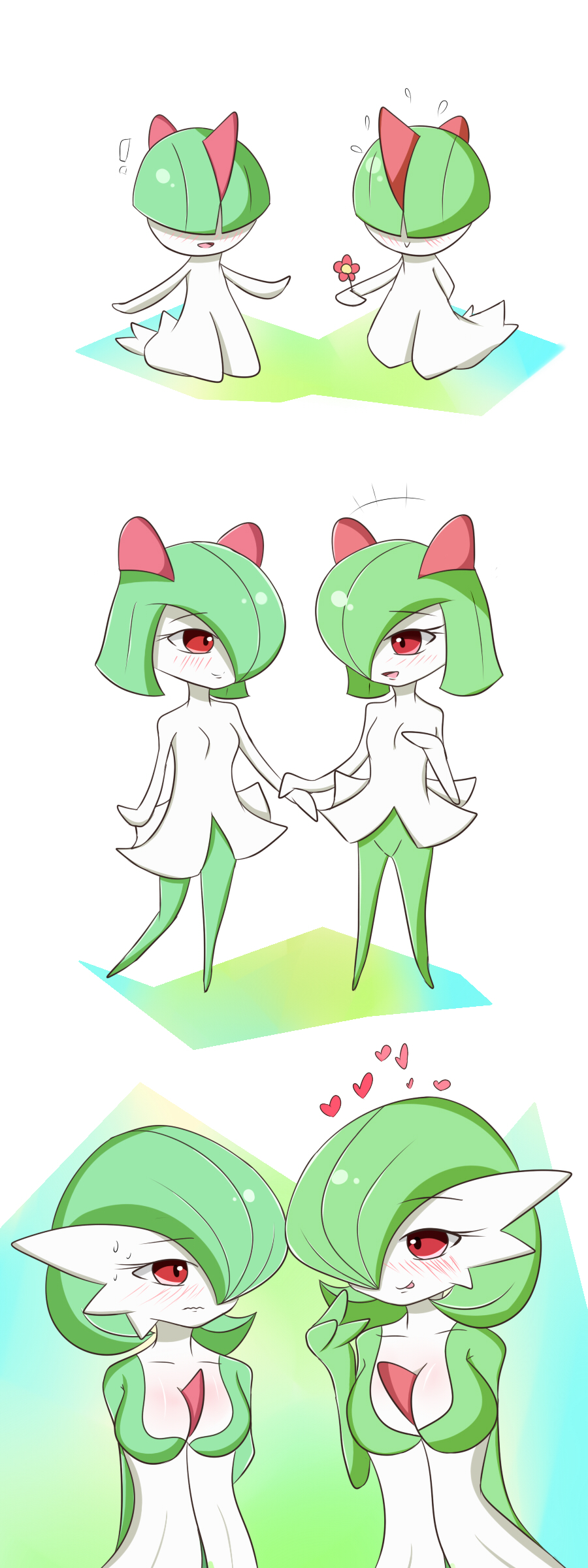 ! &lt;3 blush breasts clothing cute dress female flower gardevoir green_hair green_skin growing_up hair hair_over_eye hand_holding kirlia multicolored_skin nervous nintendo open_mouth plant pok&eacute;mon ralts red_eyes romantic_couple sana!rpg skirt smile tongue two_tone_skin video_games white_skin yes!rpg young