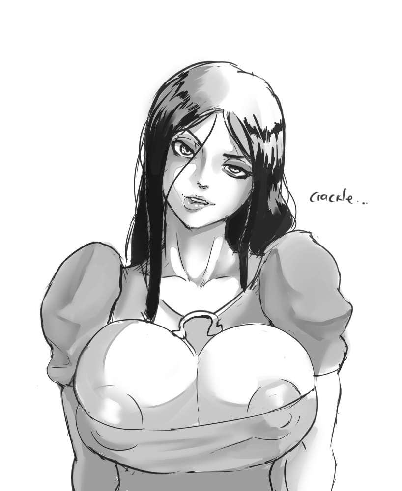 1girl alice:_madness_returns alice_(wonderland) alice_in_wonderland american_mcgee's_alice areola_slip areolae artist_request breasts cleavage collarbone dress female large_breasts lip_biting looking_at_viewer mole monochrome nipple_slip parted_lips solo teeth tilted_head upper_body white_background