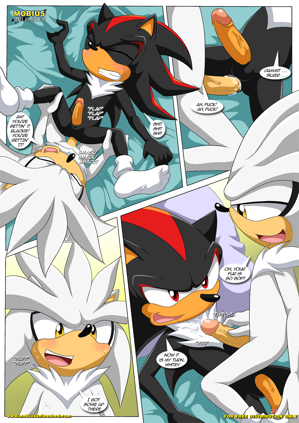 anal anal_penetration anthro bbmbbf bed bedroom clothing comic cum duo erection fur hedgehog legwear male male/male mammal mobius_unleashed palcomix penetration penis shadow_the_hedgehog silver_the_hedgehog socks sonic_(series)