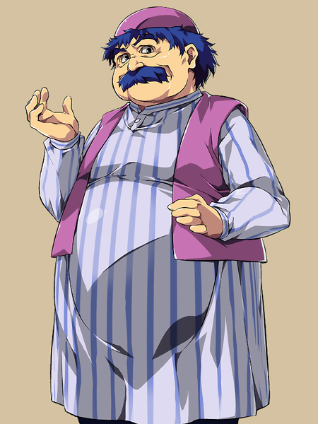 blue_hair brown_background dragon_quest dragon_quest_iv facial_hair hat juvecross male_focus mustache simple_background solo striped torneko vertical_stripes