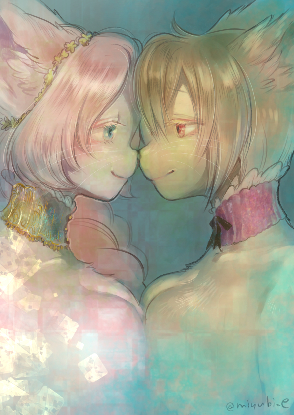 2016 anthro black_nose blue_eyes breasts brown_fur brown_hair cat choker cleavage clothed clothing duo eskimo_kiss eye_contact eyelashes feline female fur hair inner_ear_fluff kemono kiichi mammal pink_fur pink_hair red_eyes side_view signature smile whiskers
