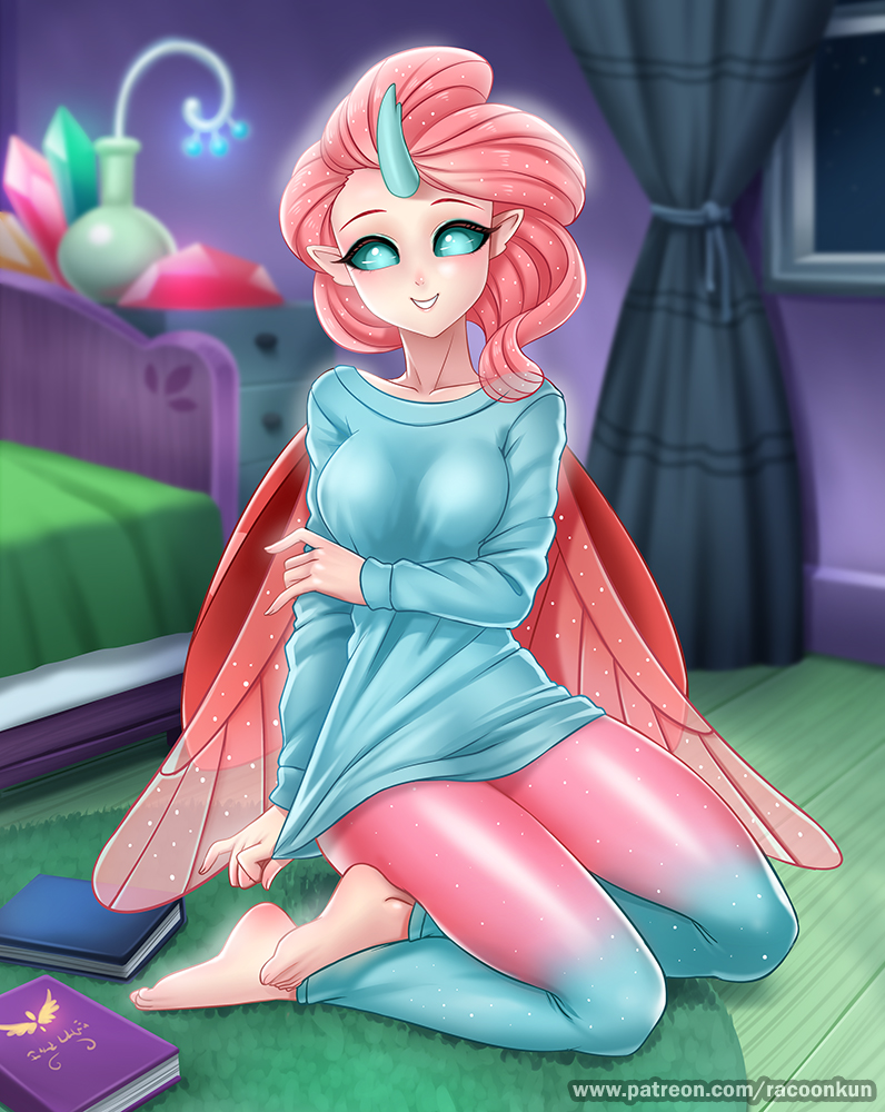 2019 alternate_species barefoot bed bedroom blue_eyes book clothed clothing digital_media_(artwork) feet female friendship_is_magic fully_clothed hair horn humanoid humanoidized insect_wings inside looking_at_viewer my_little_pony not_furry ocellus_(mlp) pink_hair racoon-kun smile solo url wings