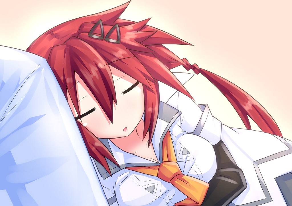 closed_eyes hair_ornament hairclip hechima-bushi long_hair neptune_(series) out_of_frame red_hair sleeping sleeping_on_person solo_focus tennouboshi_uzume twintails