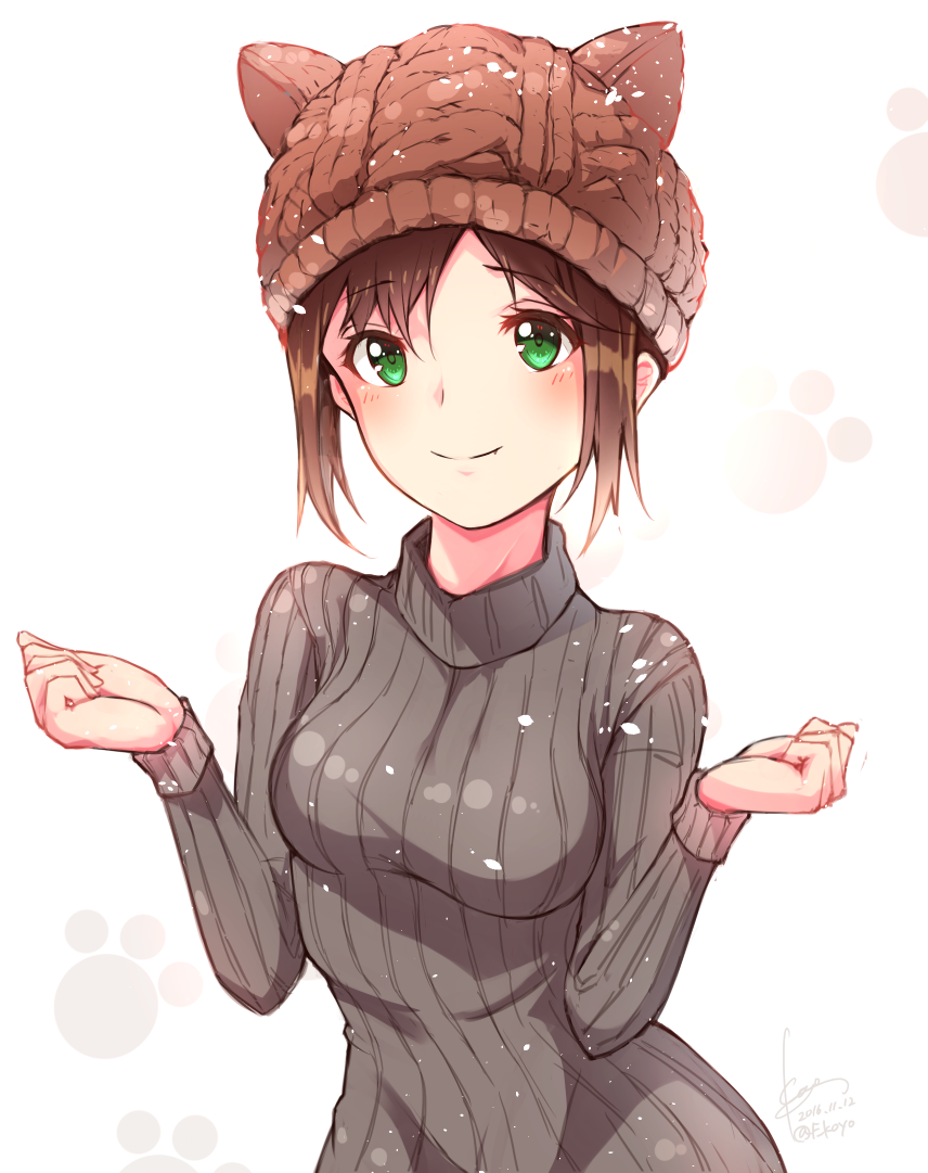 2016 animal_hat beanie blush breasts brown_hair brown_hat cat_hat clenched_hands closed_mouth commentary_request dated eyebrows eyebrows_visible_through_hair green_eyes grey_sweater hat hidaka_kouyou idolmaster idolmaster_cinderella_girls long_sleeves looking_at_viewer maekawa_miku medium_breasts outstretched_wrists paw_print ribbed_sweater short_hair signature solo sweater turtleneck turtleneck_sweater twitter_username upper_body w_arms
