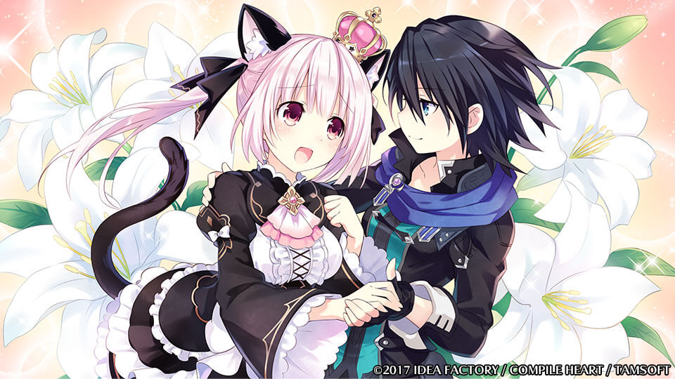 animal_ears black_hair blue_eyes cat_ears company_name crown eye_contact fingerless_gloves flower four_goddesses_online:_cyber_dimension_neptune game_cg gloves holding_hands kiria_(neptune) kuronekohime lily_(flower) looking_at_another mini_crown multiple_girls neptune_(series) official_art open_mouth pink_eyes pink_hair reverse_trap smile tsunako yuri