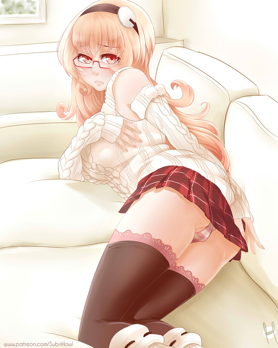 ass black_legwear boots breasts brown_hair closed_mouth compa escapist_howl glasses hair_ornament hairband highres large_breasts lips long_hair miniskirt neptune_(series) on_bed panties pantyshot red_eyes skirt solo sweater thighhighs underwear