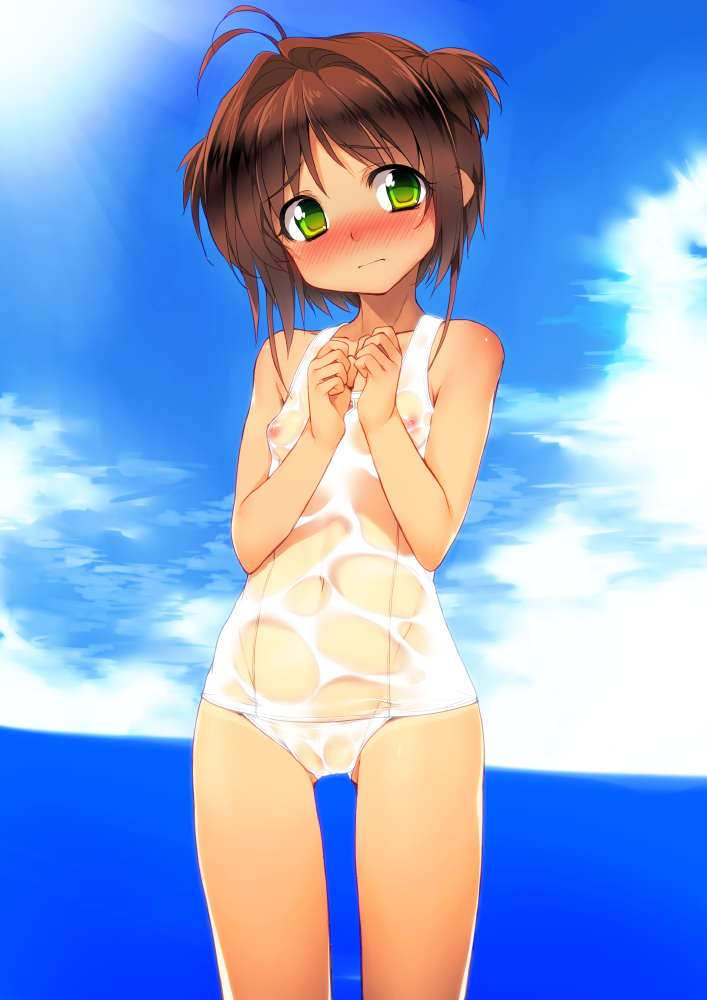 ahoge beach blush breasts brown_hair cardcaptor_sakura cloud day green_eyes hands_together kamitsurugi_ouka kinomoto_sakura looking_at_viewer navel nipples ocean one-piece_swimsuit outdoors short_hair sky small_breasts solo swimsuit water wet wet_clothes