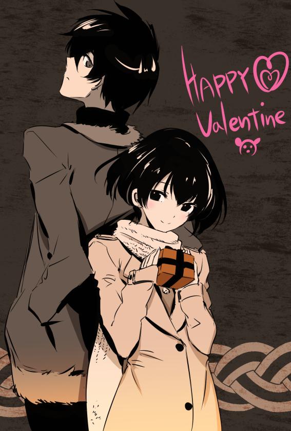 1girl akame_ga_kill! back-to-back black_eyes black_hair happy_valentine hetero kurome_(akame_ga_kill!) scarf tashiro_tetsuya valentine wave_(akame_ga_kill!) winter_clothes