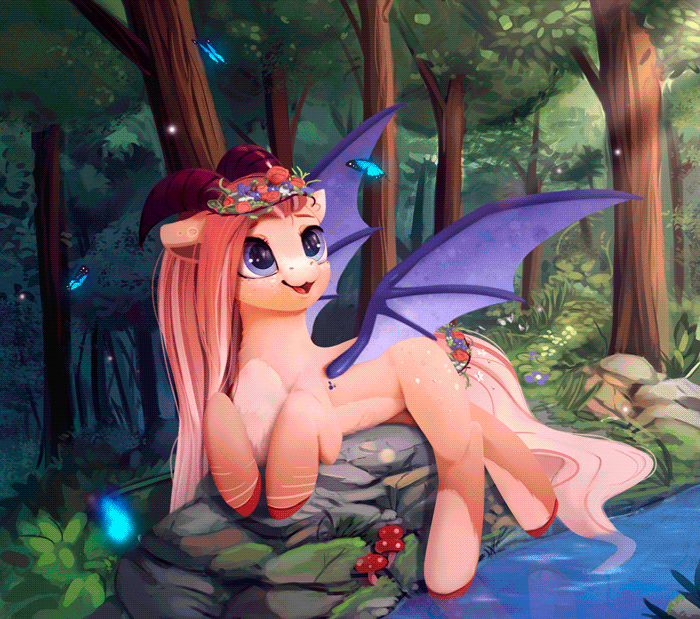 animated curved_horn detailed_background fan_character female feral forest hooves horn lying mammal membranous_wings my_little_pony no_sound nude open_mouth purple-eyes rock rodrigues404 smile solo tognue tree water wings