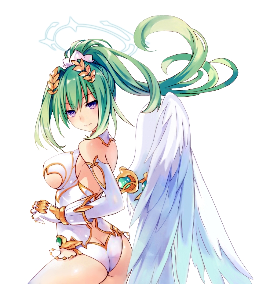 angel_wings ass breasts butt_crack elbow_gloves four_goddesses_online:_cyber_dimension_neptune gloves green_hair green_heart hair_ornament halo large_breasts leotard long_hair looking_at_viewer looking_back neptune_(series) official_art ponytail power_symbol purple_eyes sideboob simple_background smile solo tsunako white_background wings