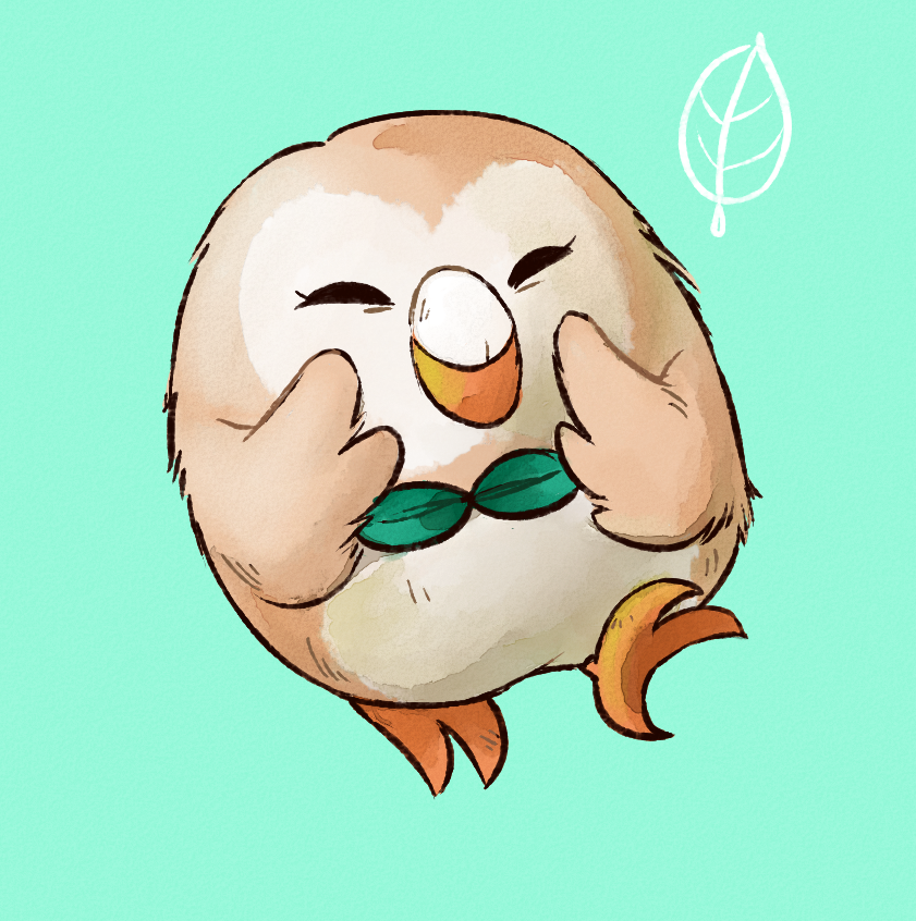 3_toes back_toe badcactus bow_tie brown_fur eyes_closed female fur green_background leaf leaf_clothing nintendo pok&eacute;mon rowlet simple_background smile solo toes video_games white_fur