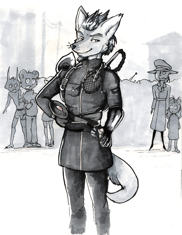 2016 anthro black_nose black_uniform canine clothed clothing confusion drawing fur greyscale grin infiltrator looking_at_viewer male mammal military monochrome mortheisen o_o shaded smile solo standing traditional_media_(artwork) white_fur wolf wunderknodel