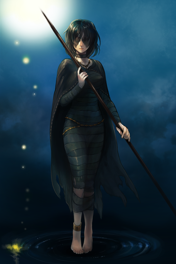 anklet bandages barefoot black_dress black_hair breasts cape choker closed_mouth demon's_souls dirty_feet dress full_body holding holding_staff jewelry maiden_in_black medium_breasts piyo short_hair solo souls_(from_software) staff standing tiptoes