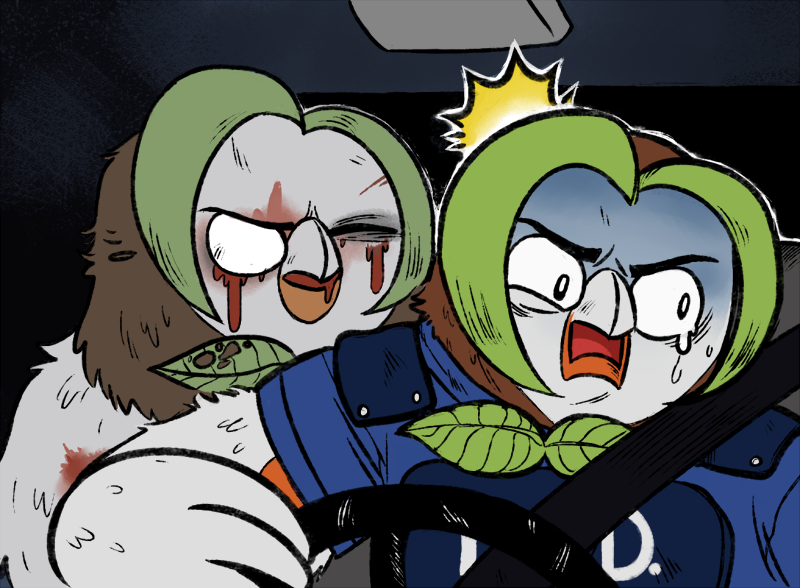 armor badcactus blood body_armor bow_tie brown_feathers capcom crying dartrix feathers green_hair hair leaf_clothing leon_kennedy light male resident_evil steering_wheel tactical_armor tears undead vehicle video_games white_feathers zombie